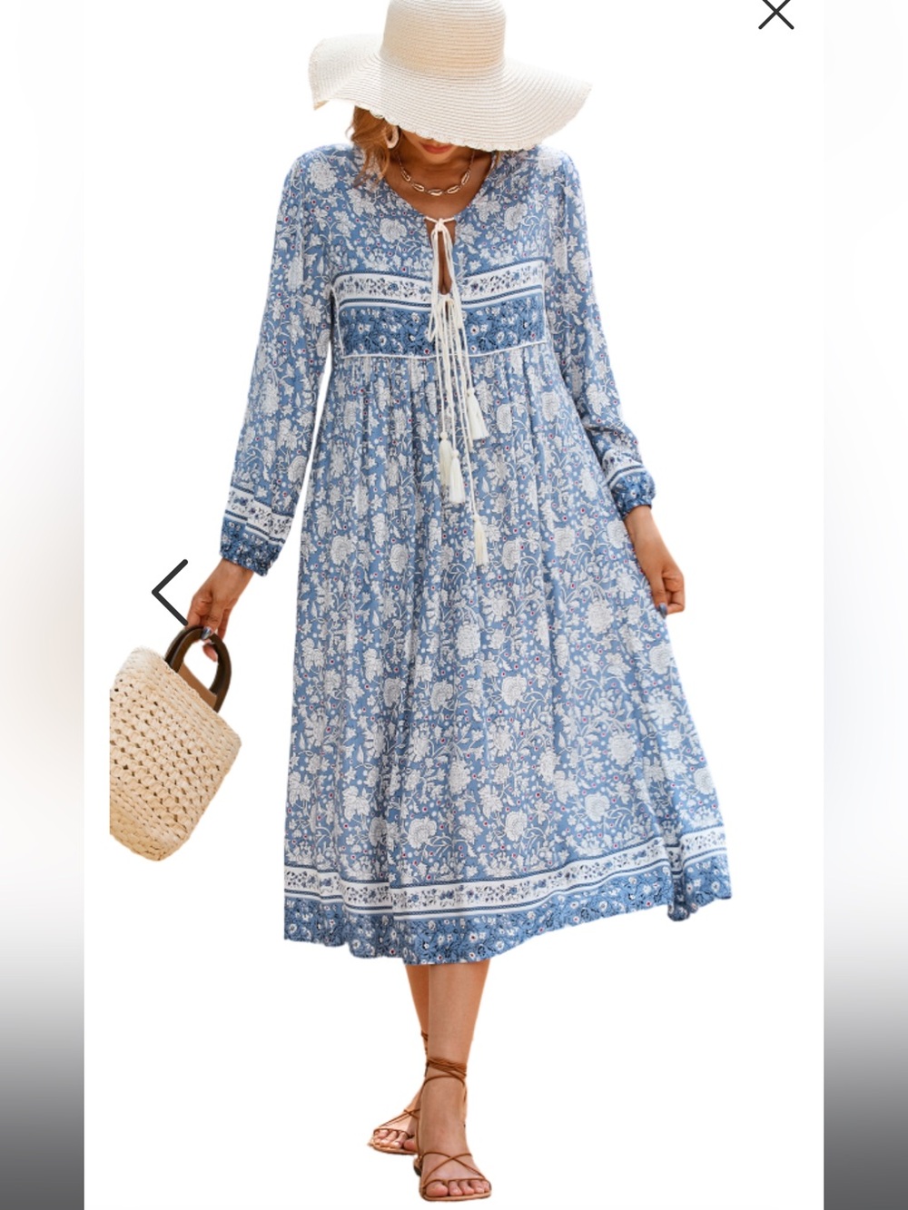 Light Blue Floral Long-Sleeve Midi Dress with Tassel Tie